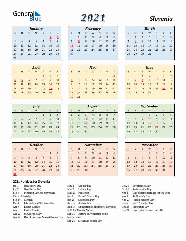 Slovenia Calendar 2021 with Sunday Start