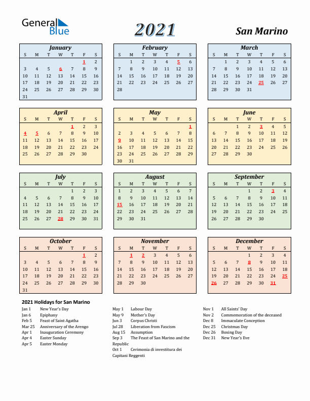 San Marino Calendar 2021 with Sunday Start