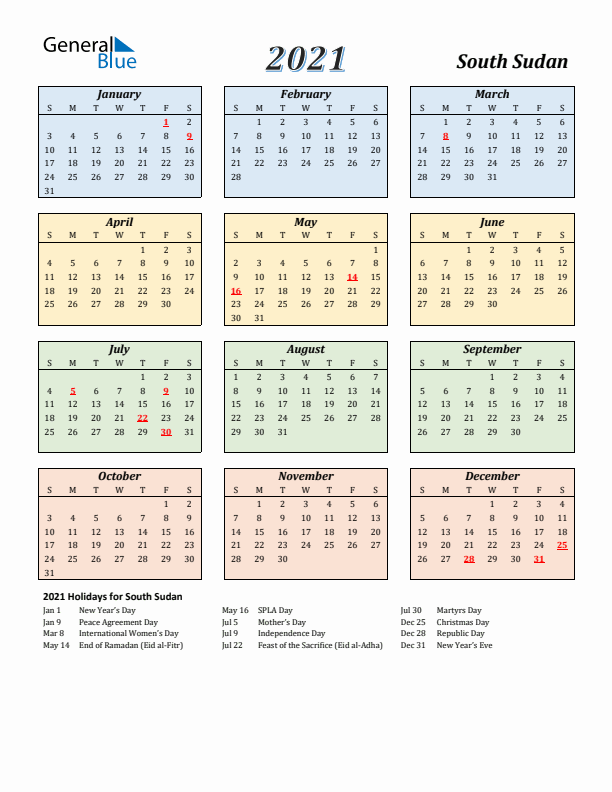 South Sudan Calendar 2021 with Sunday Start