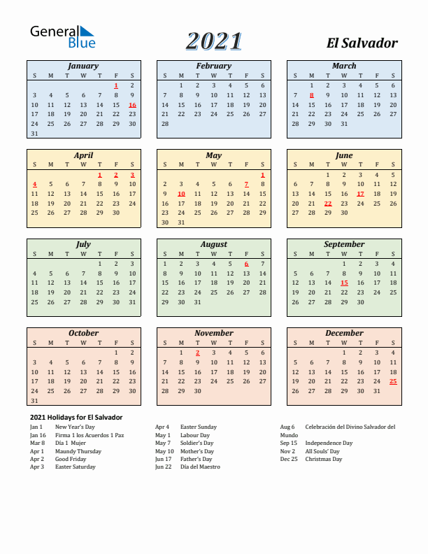 El Salvador Calendar 2021 with Sunday Start