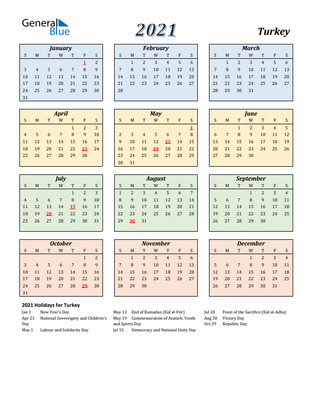 Turkey Calendar 2021 with Sunday Start