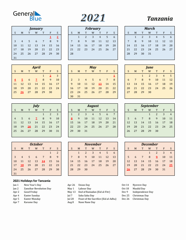 Tanzania Calendar 2021 with Sunday Start