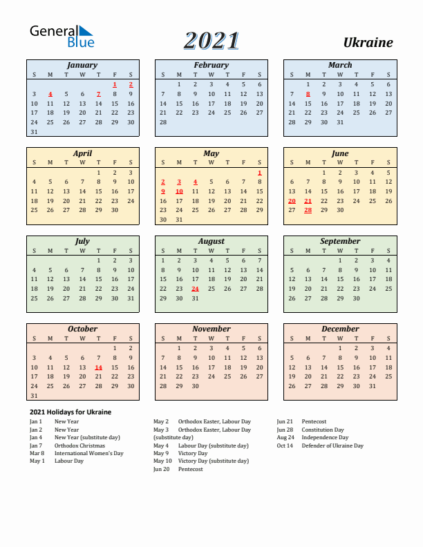 Ukraine Calendar 2021 with Sunday Start