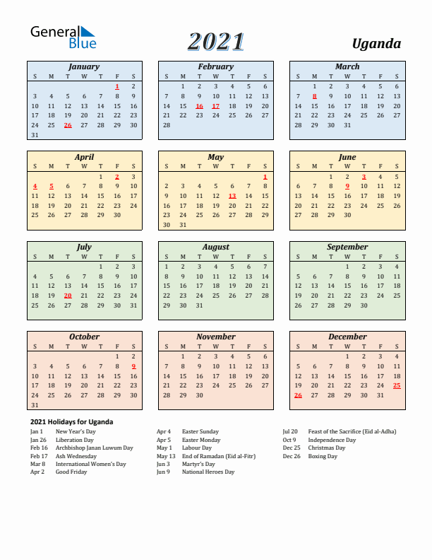 Uganda Calendar 2021 with Sunday Start