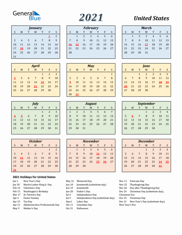 United States Calendar 2021 with Sunday Start