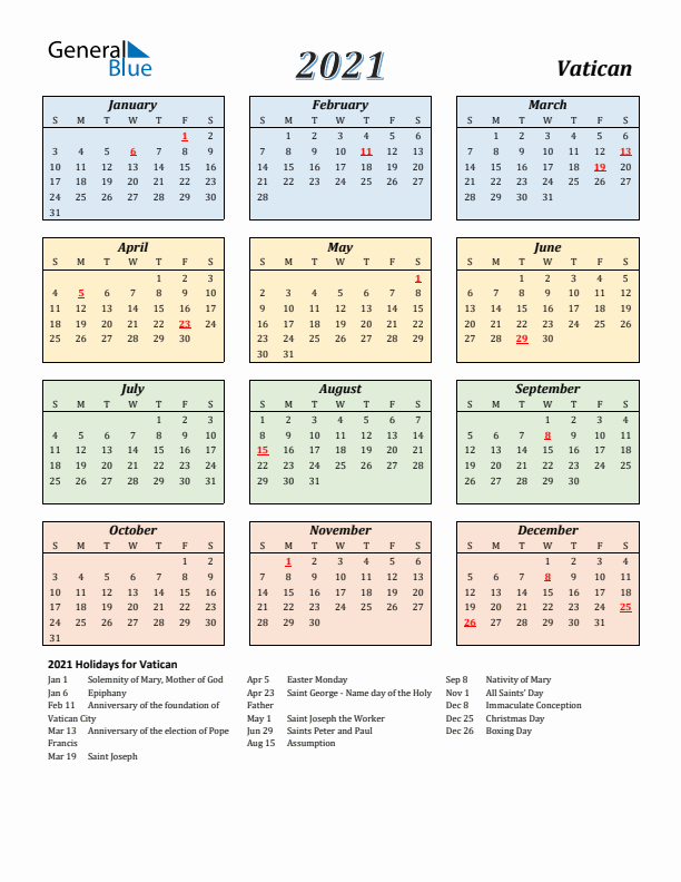 Vatican Calendar 2021 with Sunday Start