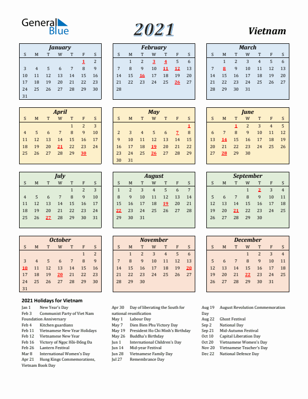 Vietnam Calendar 2021 with Sunday Start