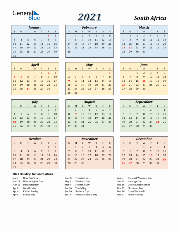 South Africa Calendar 2021 with Sunday Start