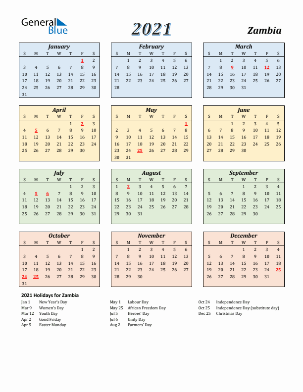 Zambia Calendar 2021 with Sunday Start