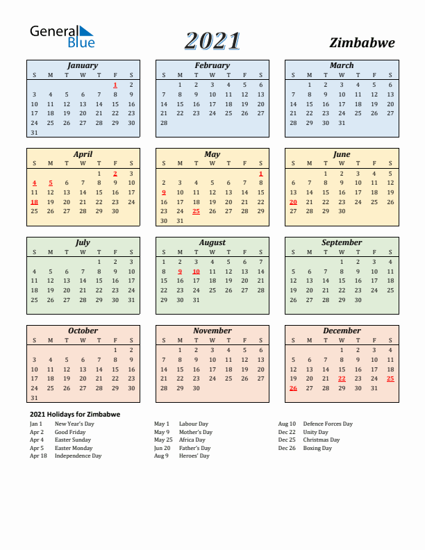 Zimbabwe Calendar 2021 with Sunday Start