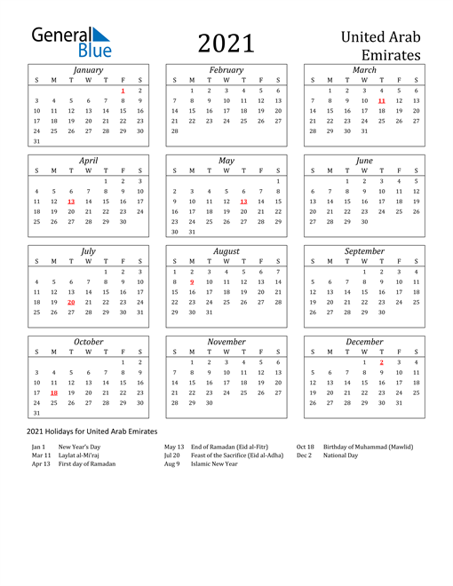 2021 United Arab Emirates Calendar with Holidays