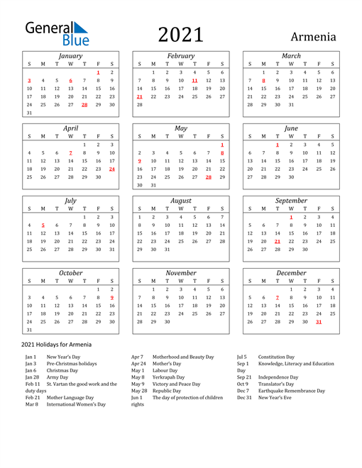 Armenian Calendar 2021 Printable March