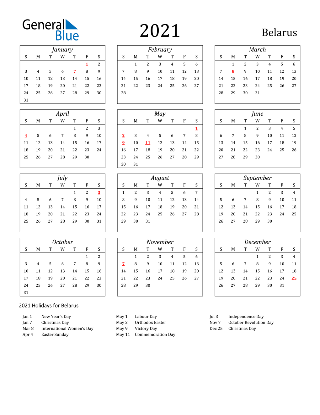 2021 Belarus Calendar with Holidays