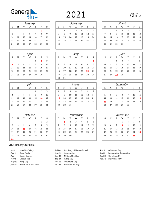 2021 Chile Holiday Calendar
