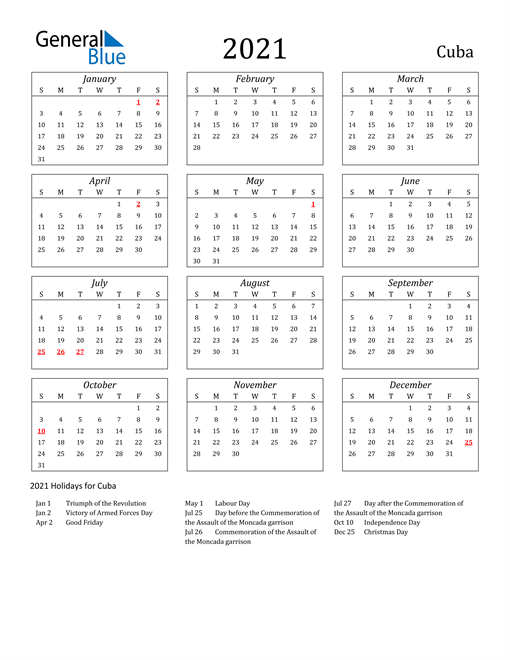 2021 Cuba Holiday Calendar