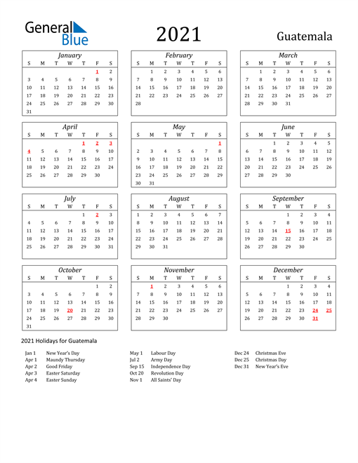 2021 Guatemala Holiday Calendar