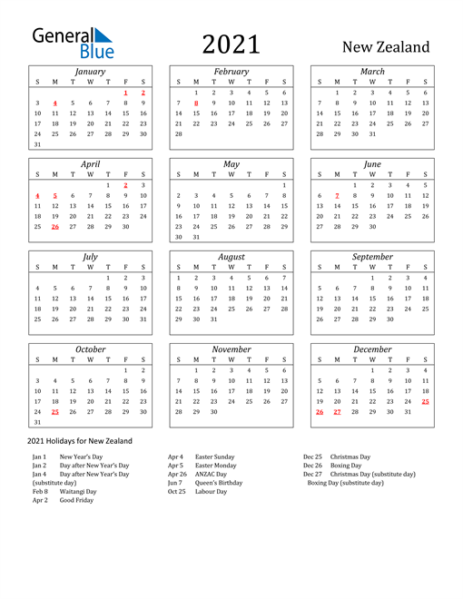 2021 Calendar - New Zealand with Holidays
