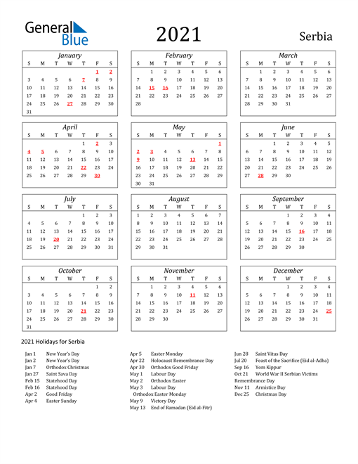 2021 Serbia Holiday Calendar
