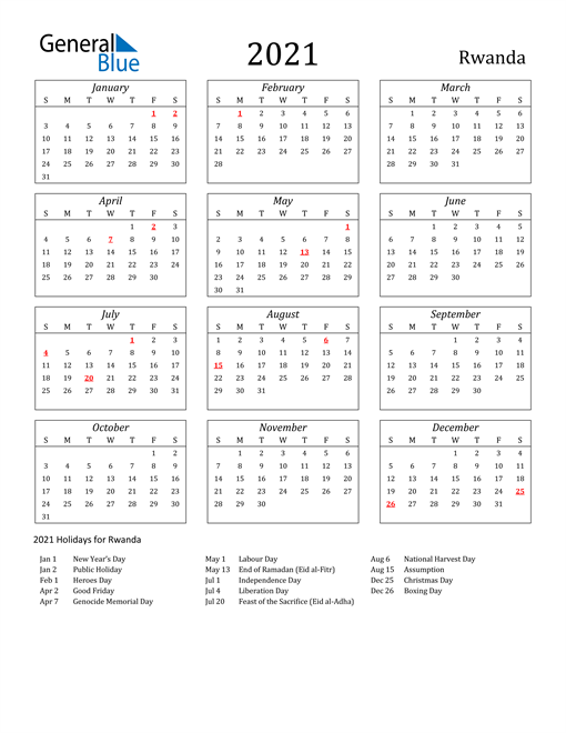 2021 Rwanda Holiday Calendar