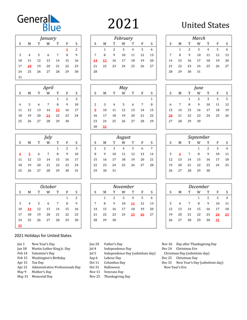 2021 Calendar - United States with Holidays
