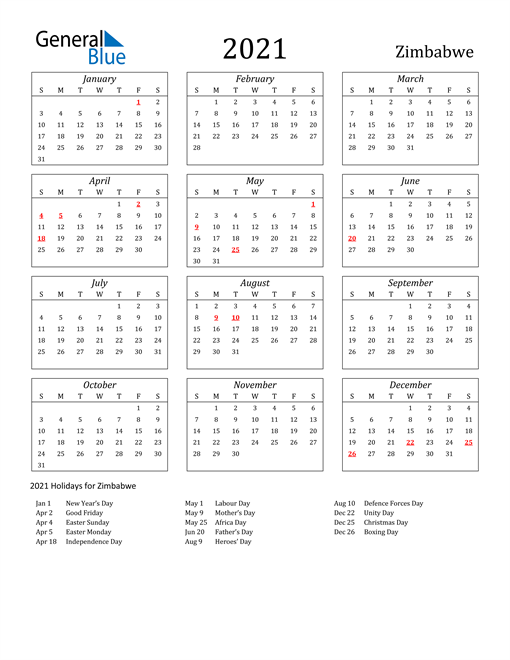 2021 Zimbabwe Holiday Calendar