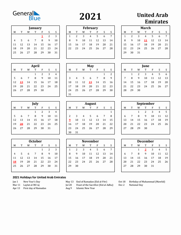 2021 United Arab Emirates Holiday Calendar - Monday Start