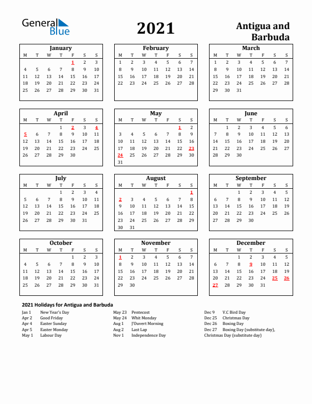 2021 Antigua and Barbuda Holiday Calendar - Monday Start