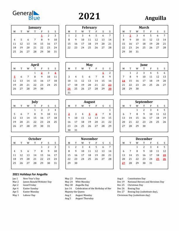 2021 Anguilla Holiday Calendar - Monday Start