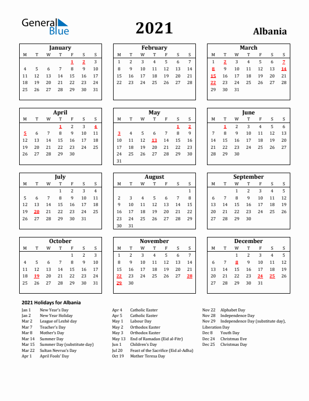 2021 Albania Holiday Calendar - Monday Start