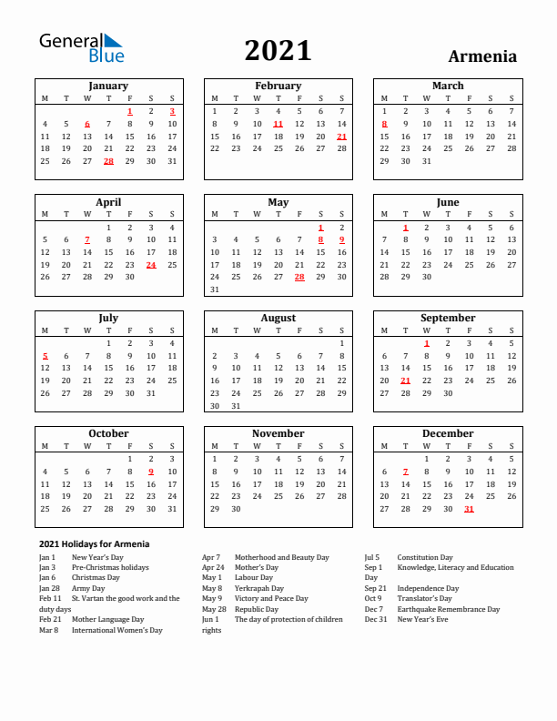 2021 Armenia Holiday Calendar - Monday Start