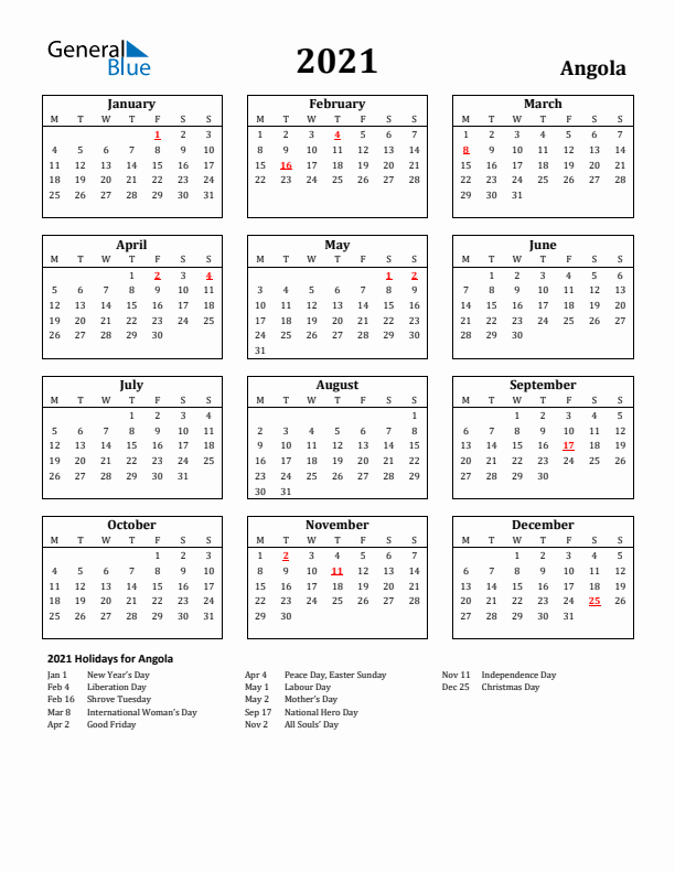 2021 Angola Holiday Calendar - Monday Start