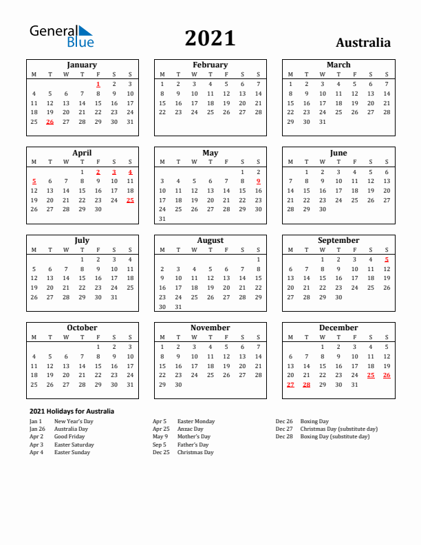 2021 Australia Holiday Calendar - Monday Start