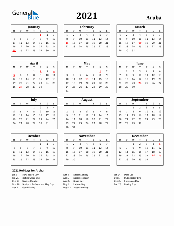 2021 Aruba Holiday Calendar - Monday Start