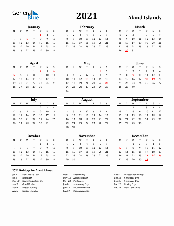 2021 Aland Islands Holiday Calendar - Monday Start