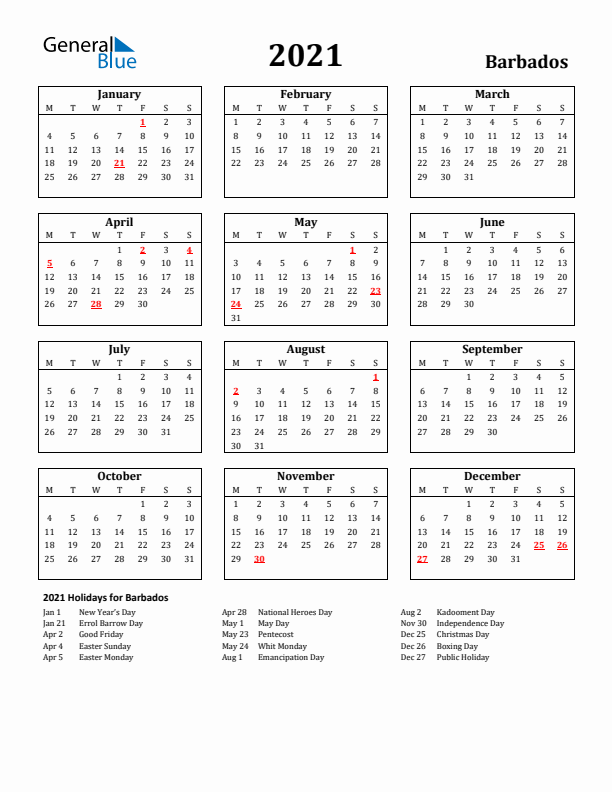 2021 Barbados Holiday Calendar - Monday Start