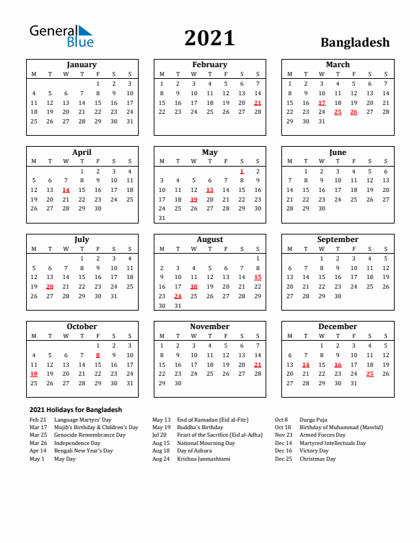 2021 Bangladesh Holiday Calendar - Monday Start