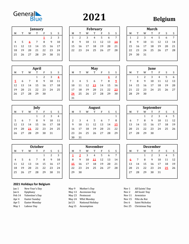 2021 Belgium Holiday Calendar - Monday Start