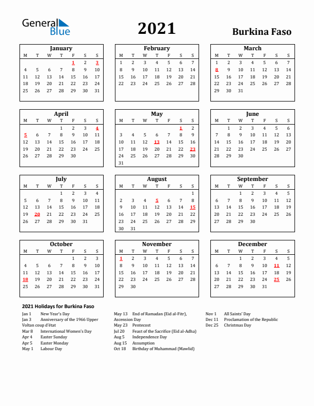 2021 Burkina Faso Holiday Calendar - Monday Start