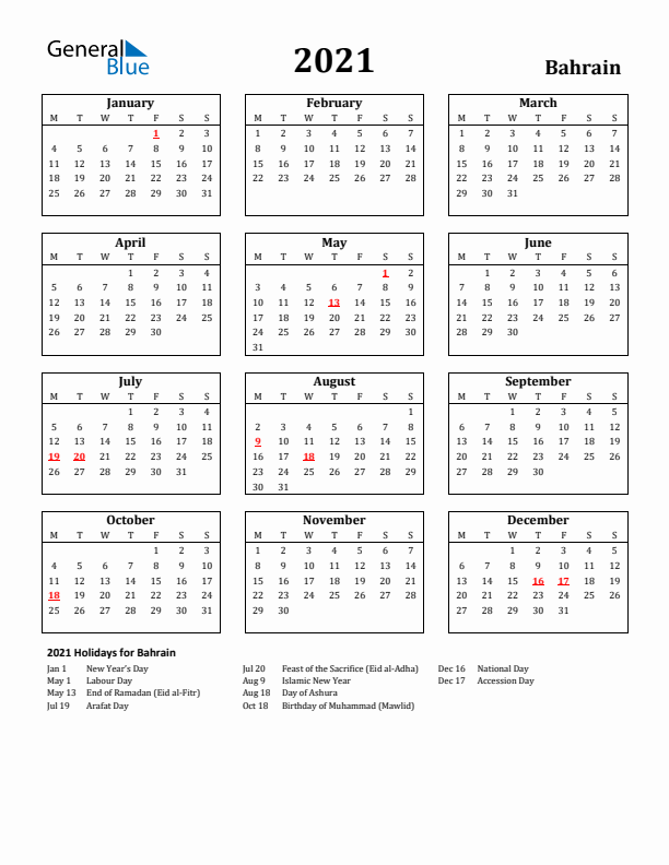 2021 Bahrain Holiday Calendar - Monday Start