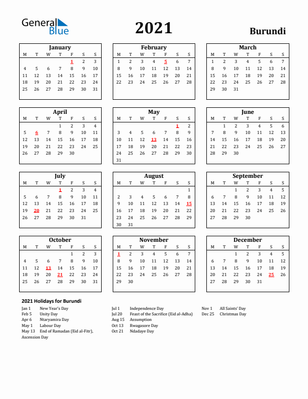 2021 Burundi Holiday Calendar - Monday Start