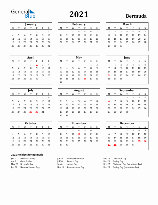 2021 Bermuda Holiday Calendar - Monday Start