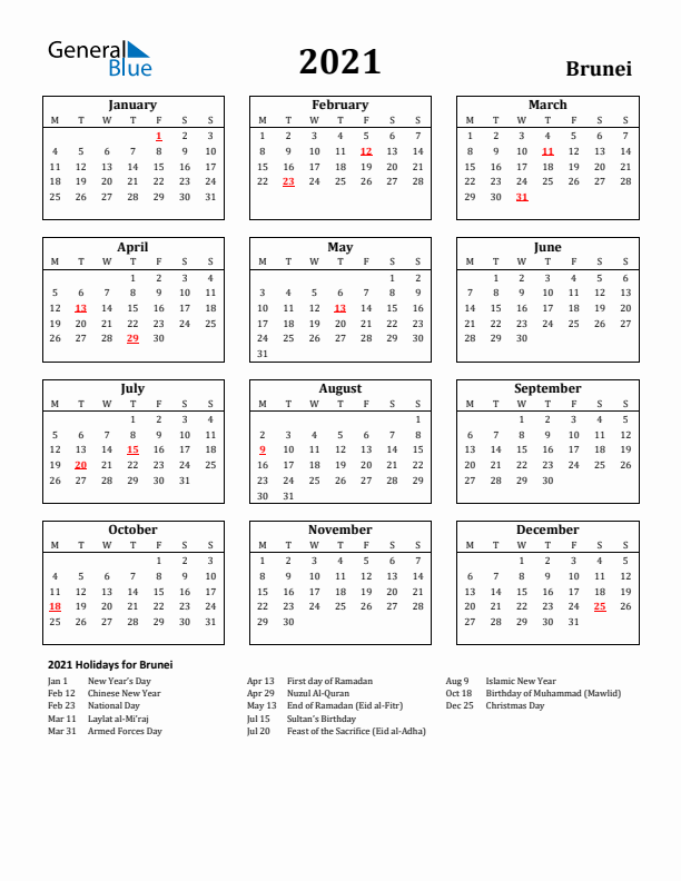 2021 Brunei Holiday Calendar - Monday Start