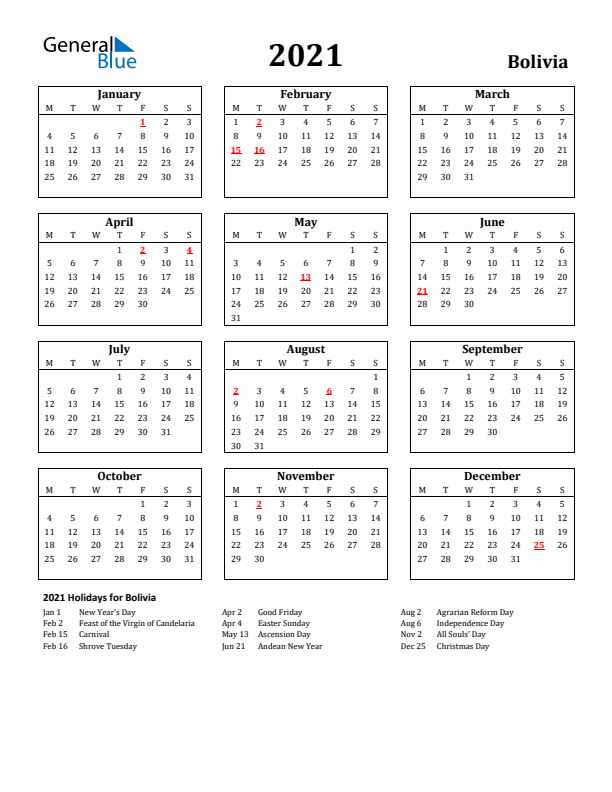 2021 Bolivia Holiday Calendar - Monday Start