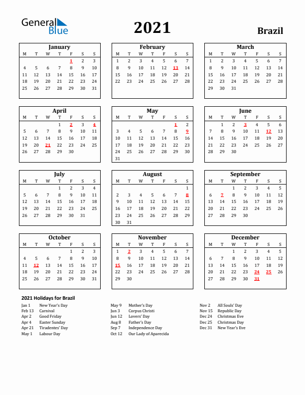 2021 Brazil Holiday Calendar - Monday Start