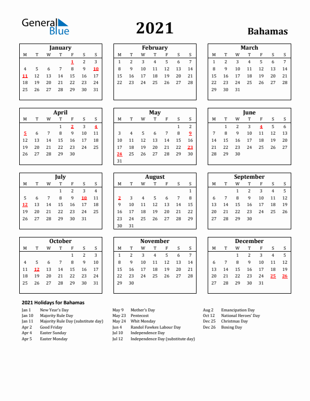 2021 Bahamas Holiday Calendar - Monday Start