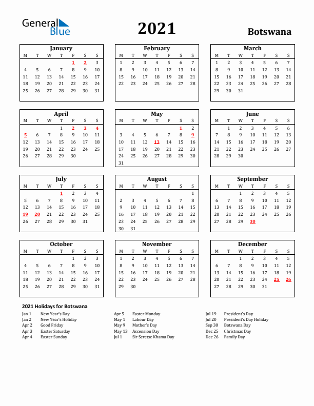 2021 Botswana Holiday Calendar - Monday Start