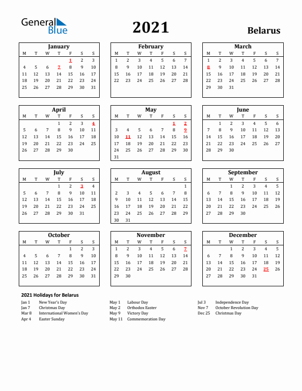 2021 Belarus Holiday Calendar - Monday Start