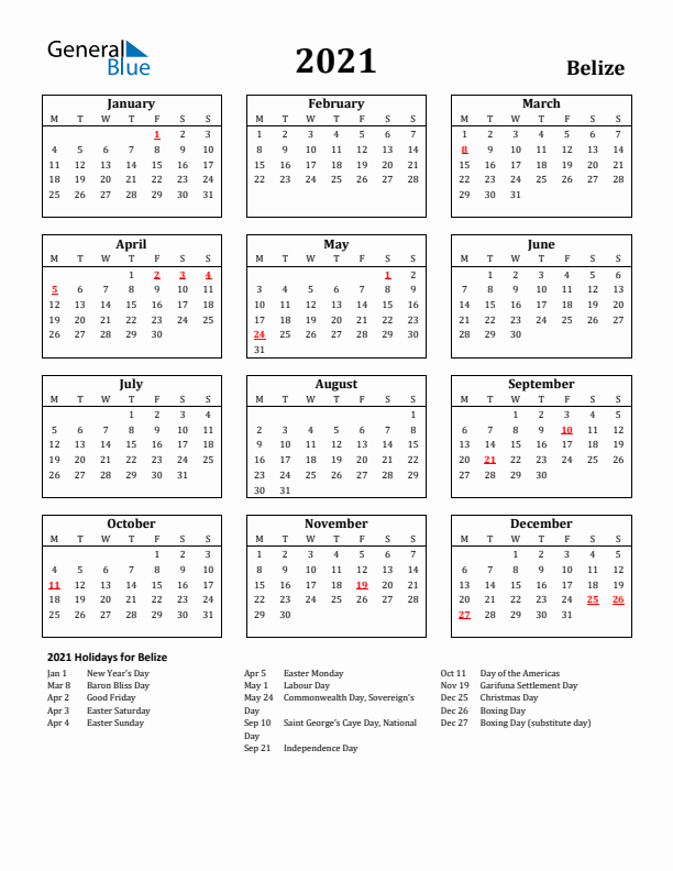 2021 Belize Holiday Calendar - Monday Start