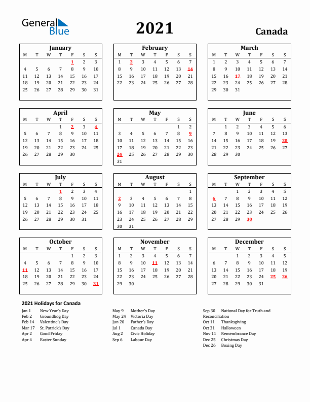 2021 Canada Holiday Calendar - Monday Start