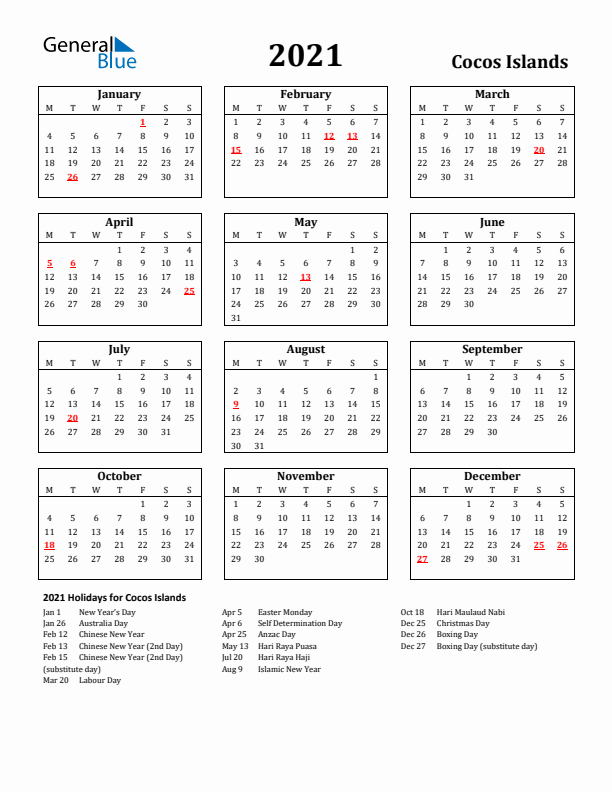 2021 Cocos Islands Holiday Calendar - Monday Start